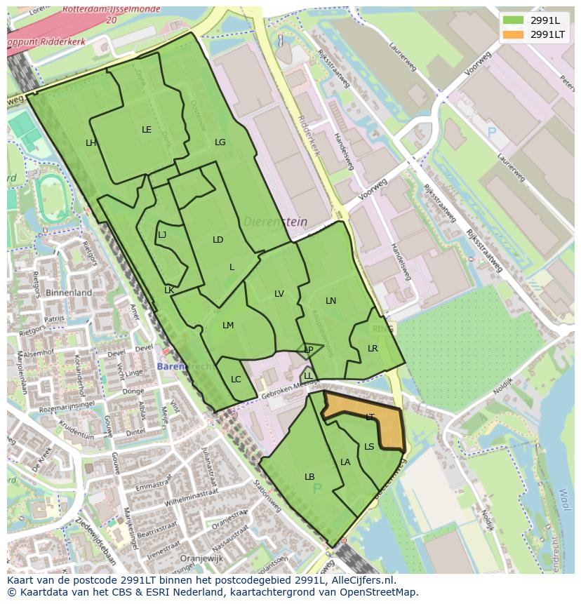 Afbeelding van het postcodegebied 2991 LT op de kaart.