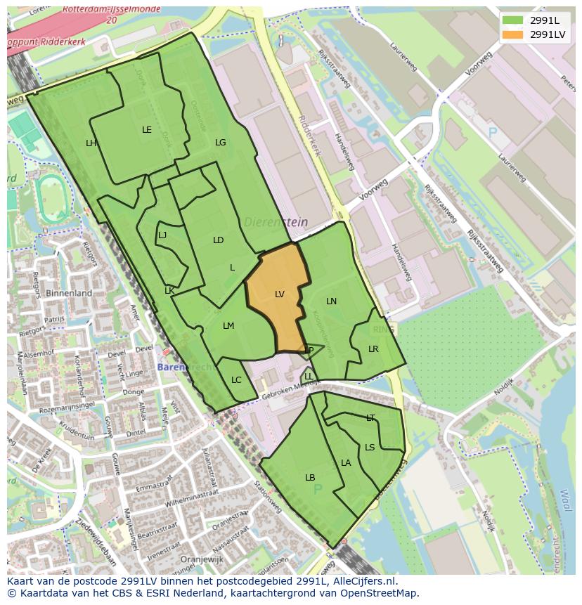 Afbeelding van het postcodegebied 2991 LV op de kaart.