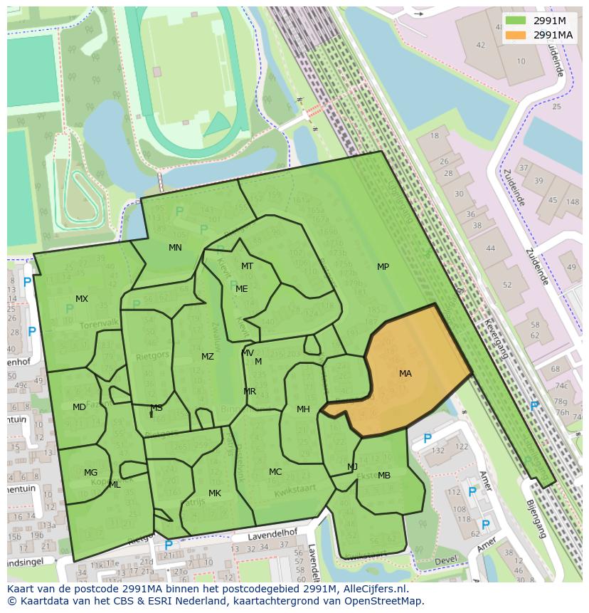Afbeelding van het postcodegebied 2991 MA op de kaart.
