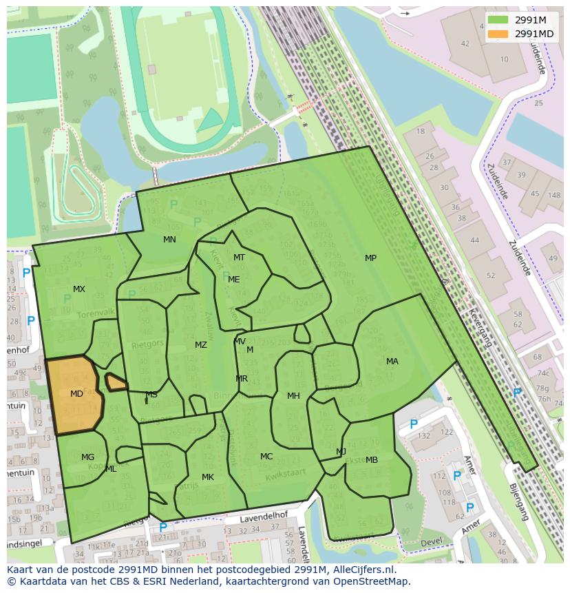 Afbeelding van het postcodegebied 2991 MD op de kaart.