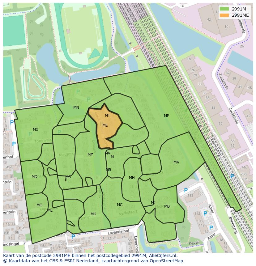 Afbeelding van het postcodegebied 2991 ME op de kaart.