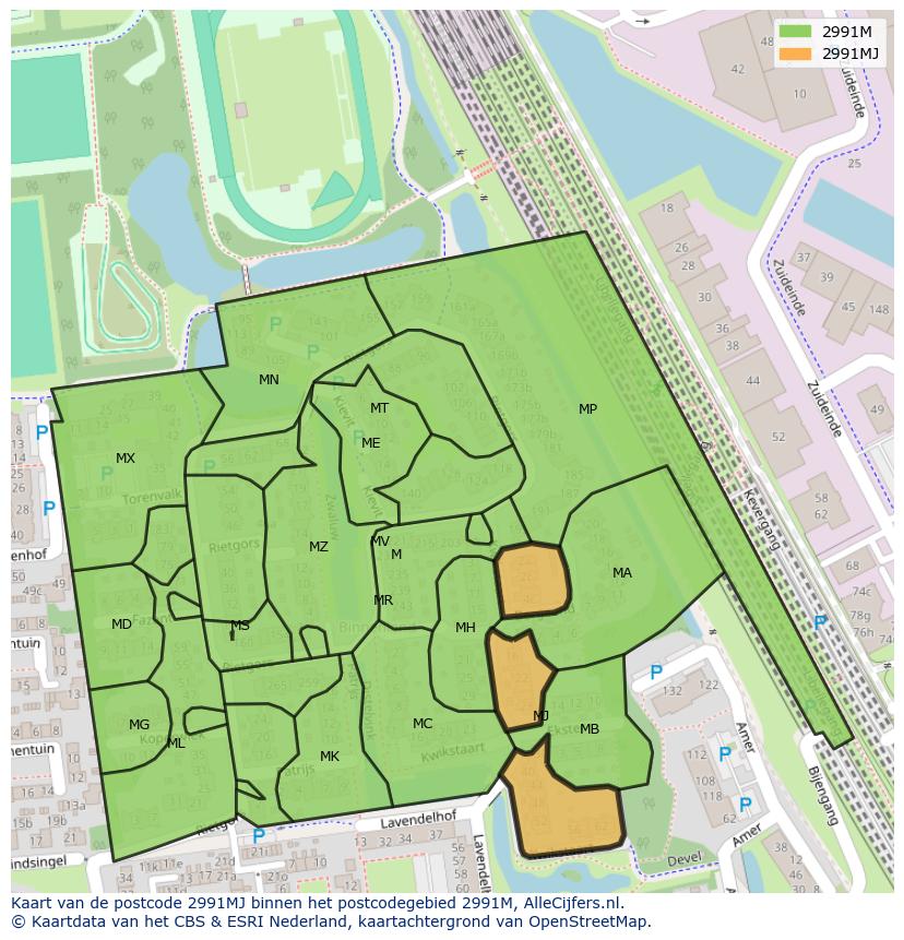 Afbeelding van het postcodegebied 2991 MJ op de kaart.