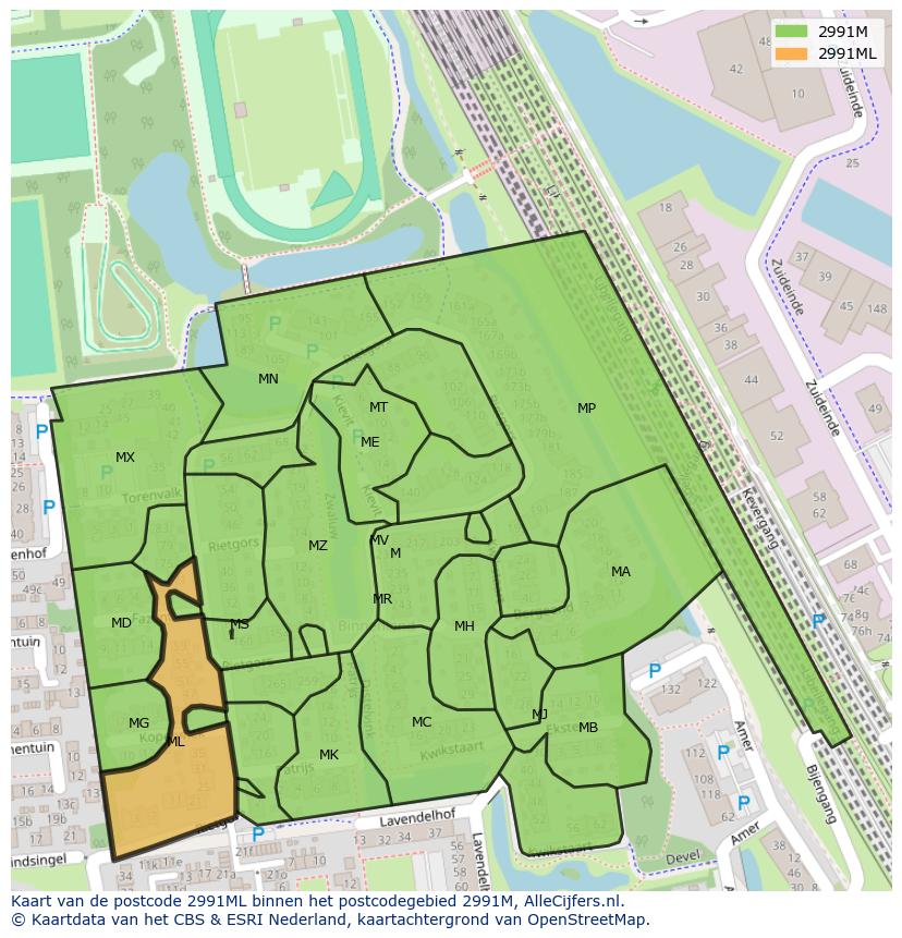 Afbeelding van het postcodegebied 2991 ML op de kaart.