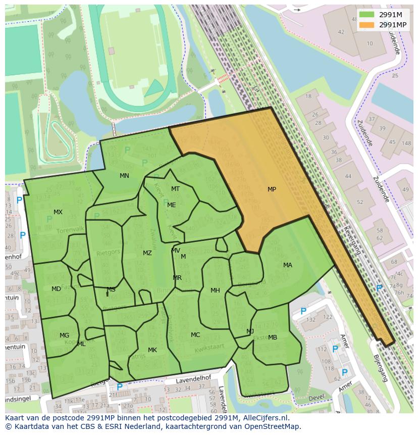 Afbeelding van het postcodegebied 2991 MP op de kaart.