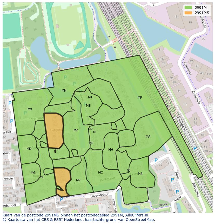 Afbeelding van het postcodegebied 2991 MS op de kaart.