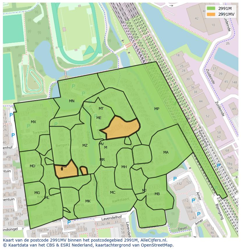 Afbeelding van het postcodegebied 2991 MV op de kaart.