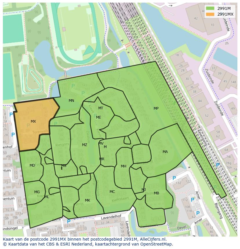 Afbeelding van het postcodegebied 2991 MX op de kaart.
