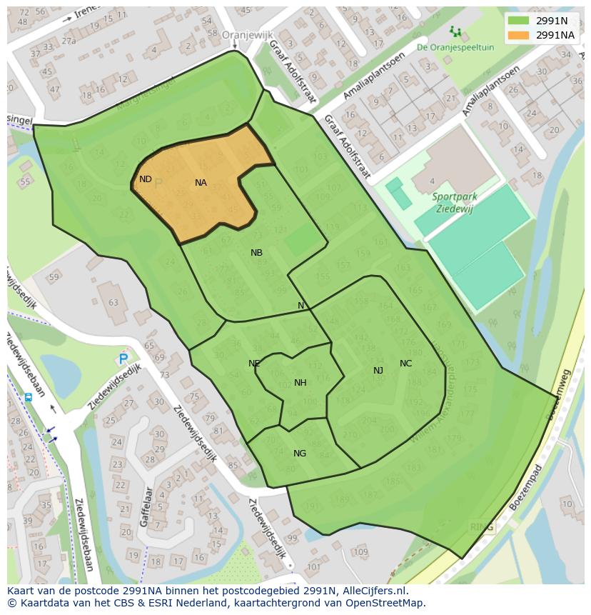 Afbeelding van het postcodegebied 2991 NA op de kaart.