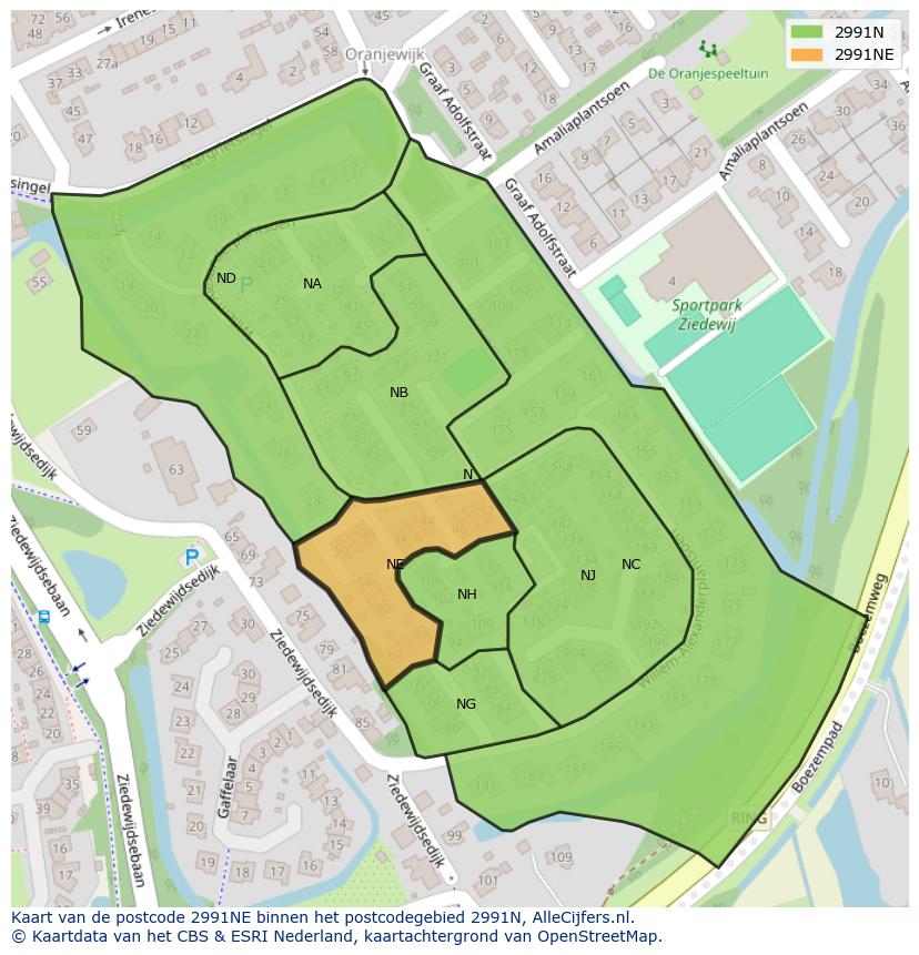 Afbeelding van het postcodegebied 2991 NE op de kaart.