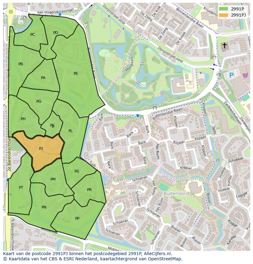Afbeelding van het postcodegebied 2991 PJ op de kaart.