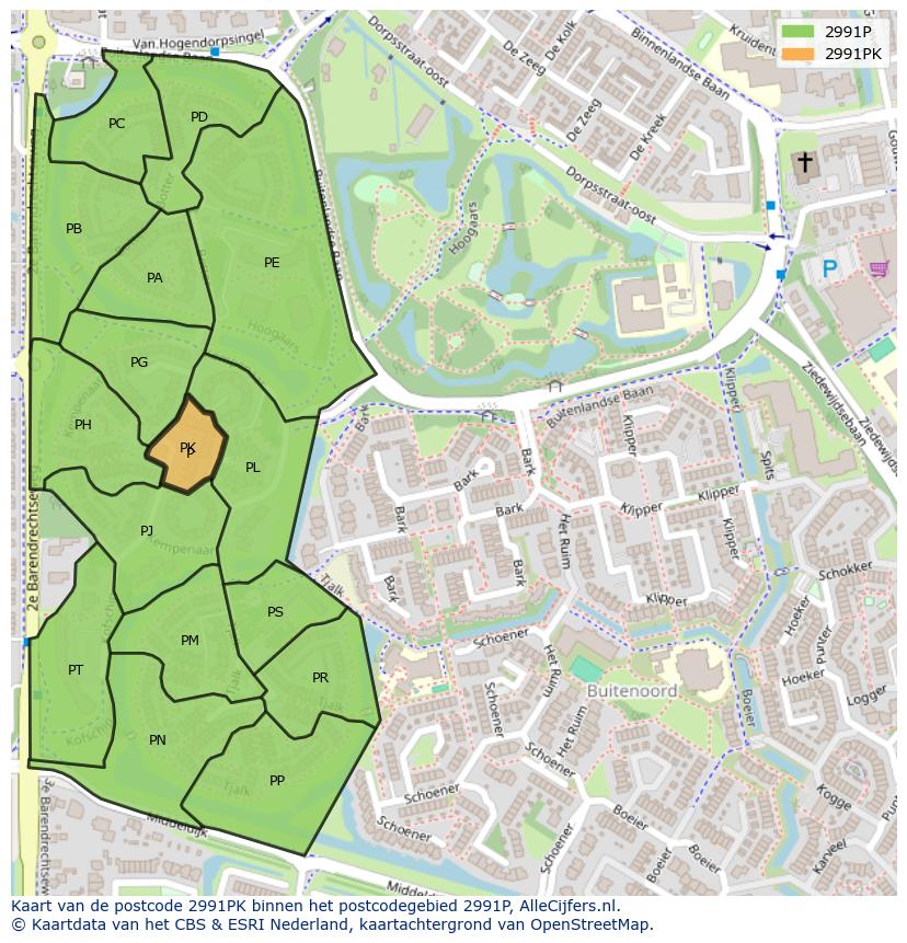 Afbeelding van het postcodegebied 2991 PK op de kaart.