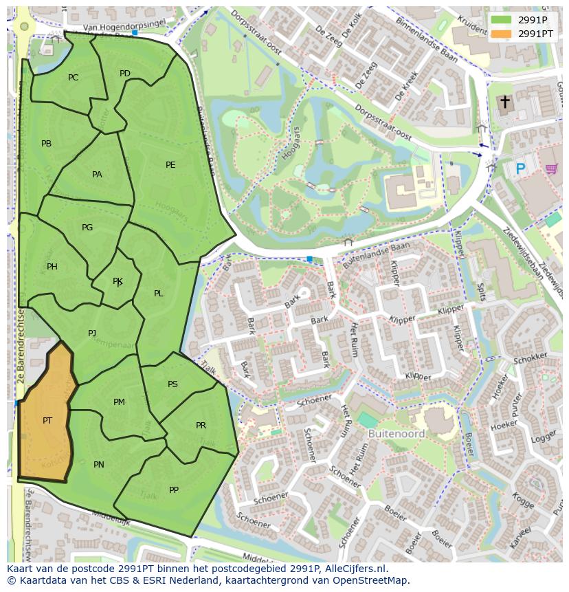 Afbeelding van het postcodegebied 2991 PT op de kaart.