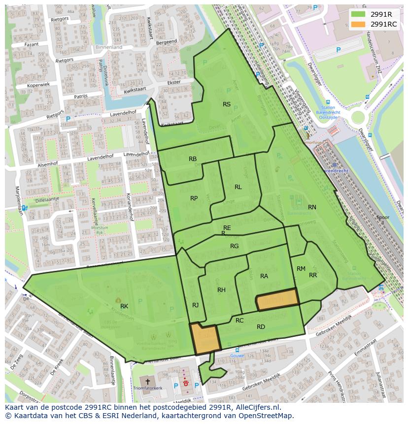 Afbeelding van het postcodegebied 2991 RC op de kaart.