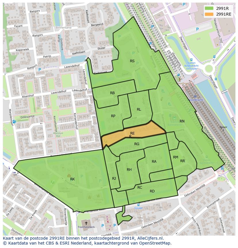 Afbeelding van het postcodegebied 2991 RE op de kaart.