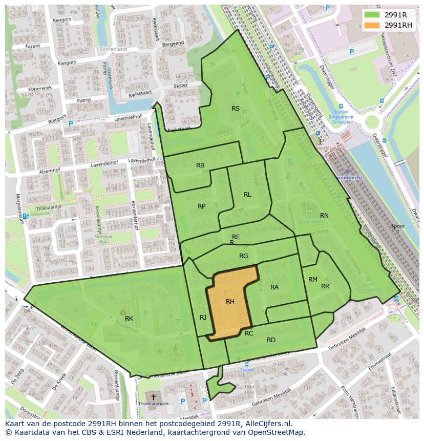 Afbeelding van het postcodegebied 2991 RH op de kaart.