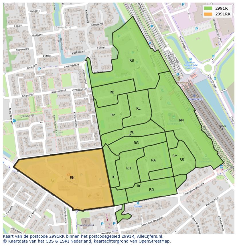 Afbeelding van het postcodegebied 2991 RK op de kaart.