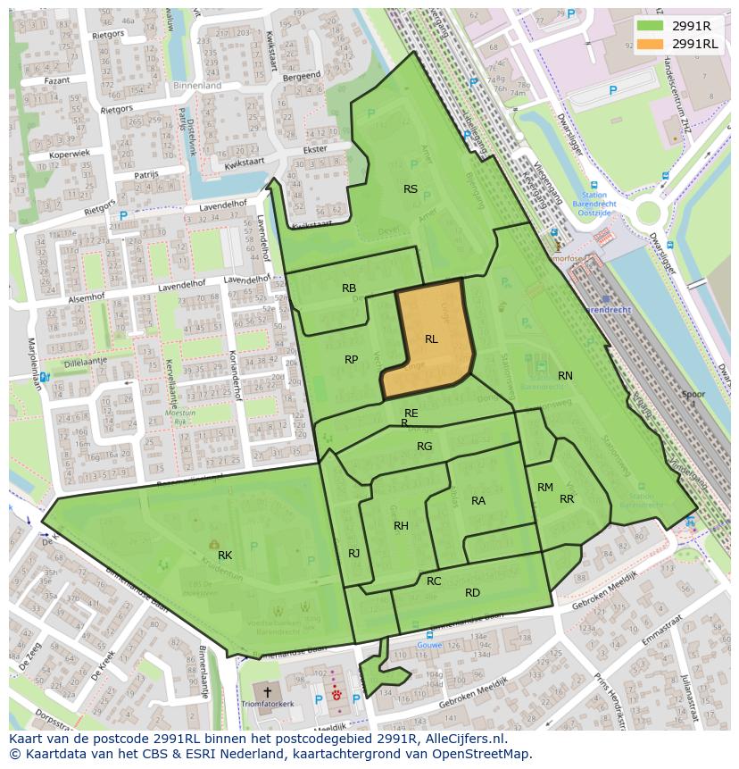 Afbeelding van het postcodegebied 2991 RL op de kaart.