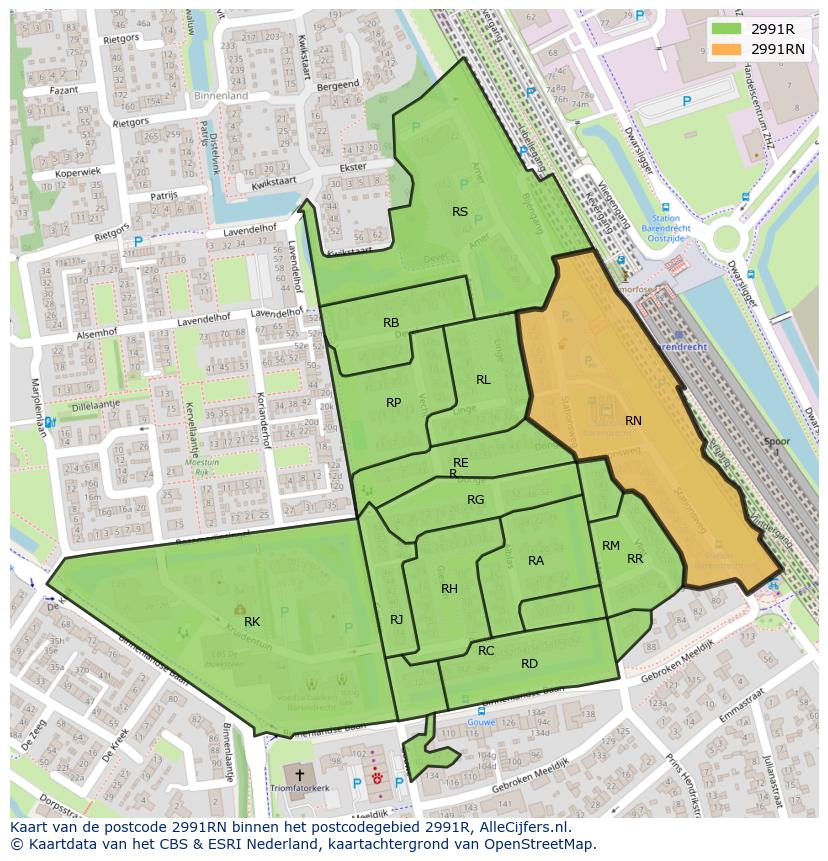 Afbeelding van het postcodegebied 2991 RN op de kaart.