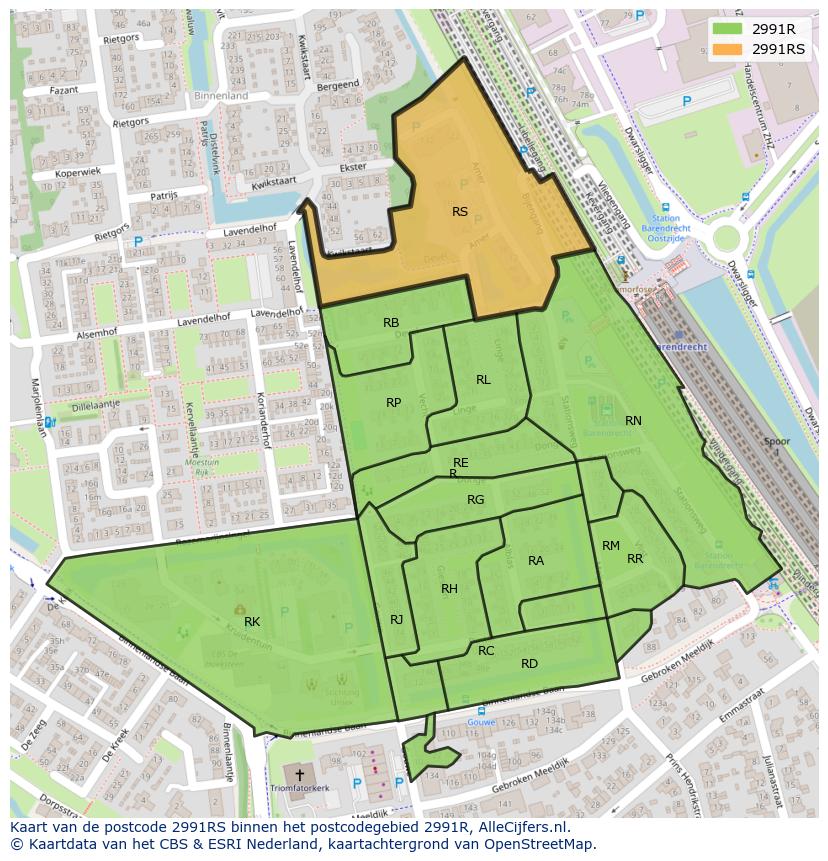 Afbeelding van het postcodegebied 2991 RS op de kaart.