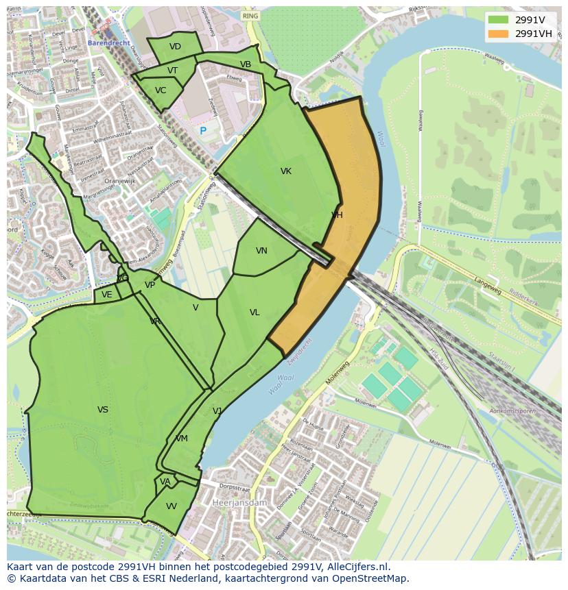 Afbeelding van het postcodegebied 2991 VH op de kaart.