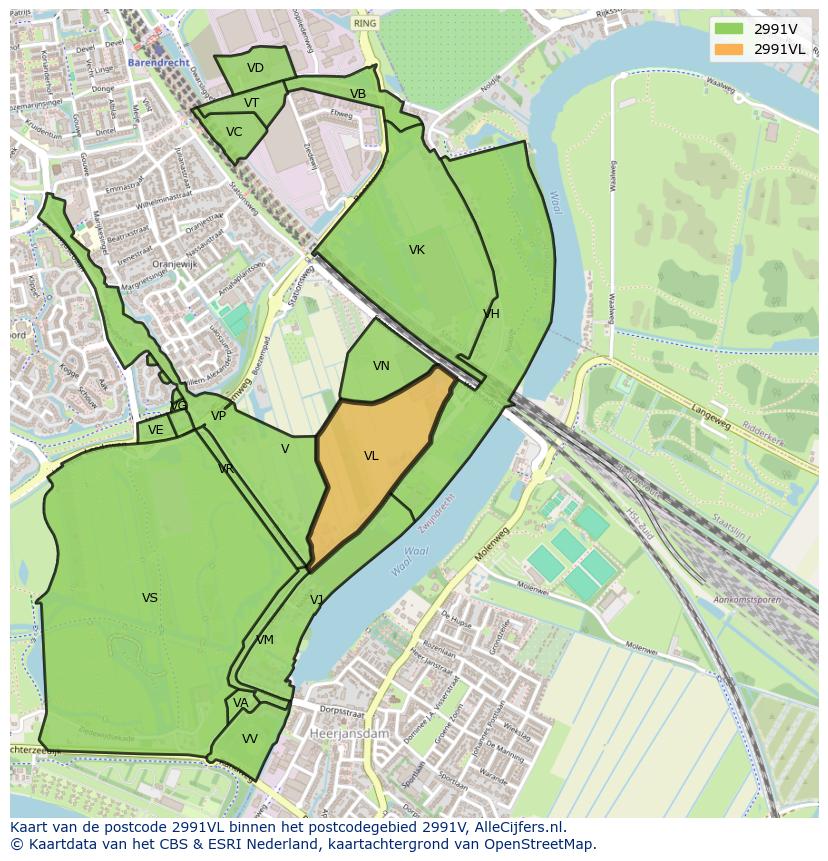 Afbeelding van het postcodegebied 2991 VL op de kaart.