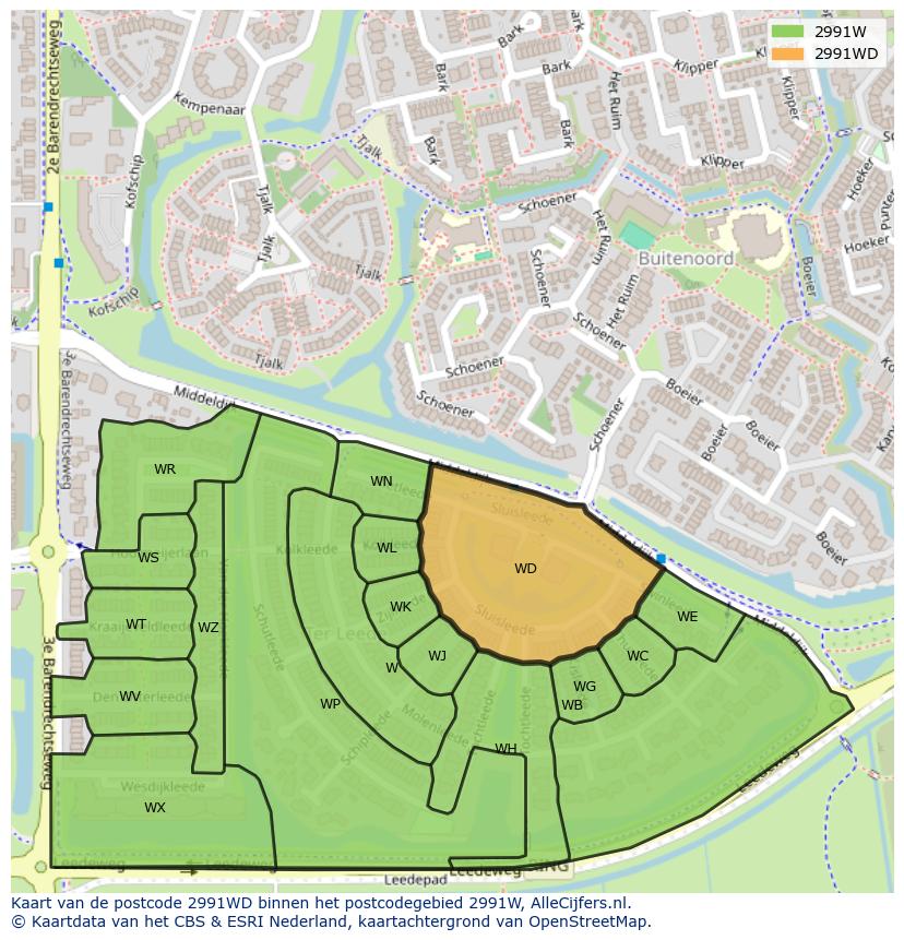 Afbeelding van het postcodegebied 2991 WD op de kaart.