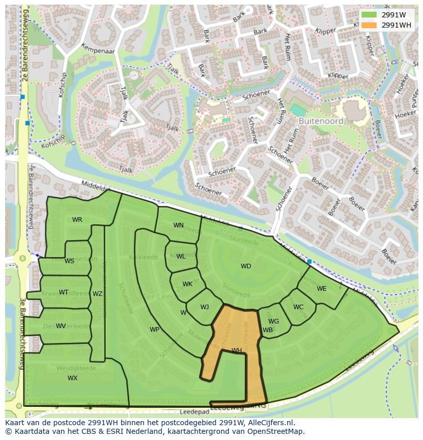 Afbeelding van het postcodegebied 2991 WH op de kaart.