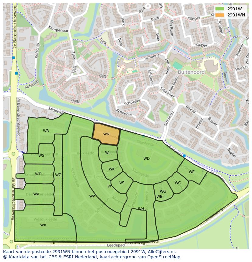 Afbeelding van het postcodegebied 2991 WN op de kaart.