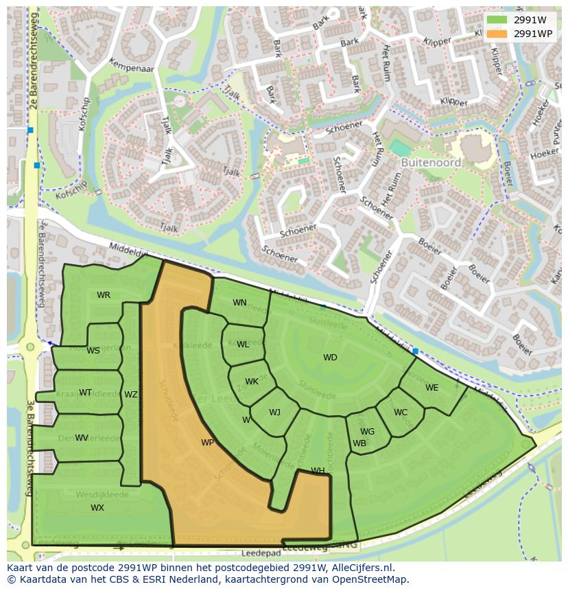 Afbeelding van het postcodegebied 2991 WP op de kaart.