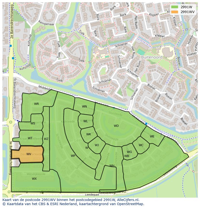 Afbeelding van het postcodegebied 2991 WV op de kaart.