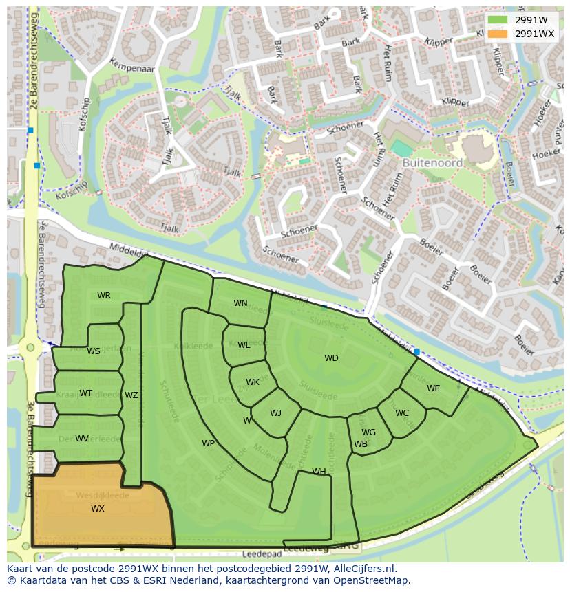 Afbeelding van het postcodegebied 2991 WX op de kaart.
