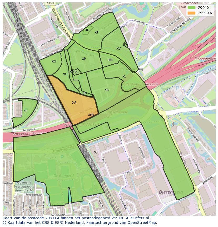 Afbeelding van het postcodegebied 2991 XA op de kaart.