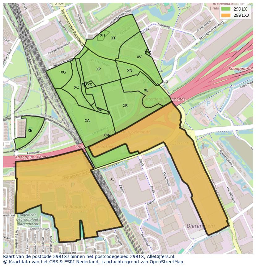 Afbeelding van het postcodegebied 2991 XJ op de kaart.