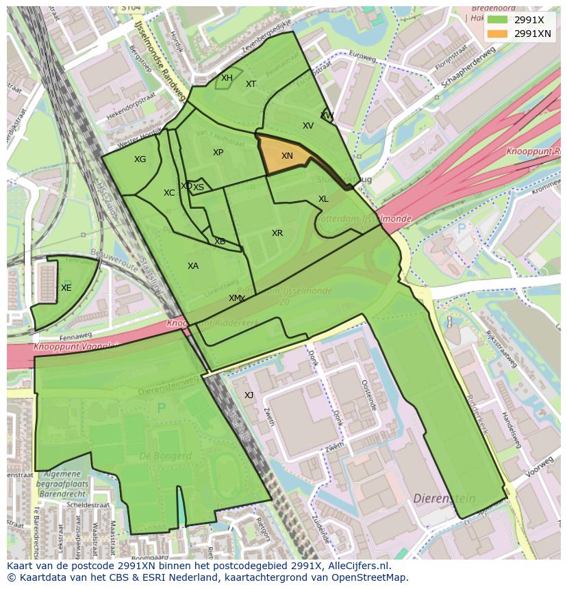 Afbeelding van het postcodegebied 2991 XN op de kaart.