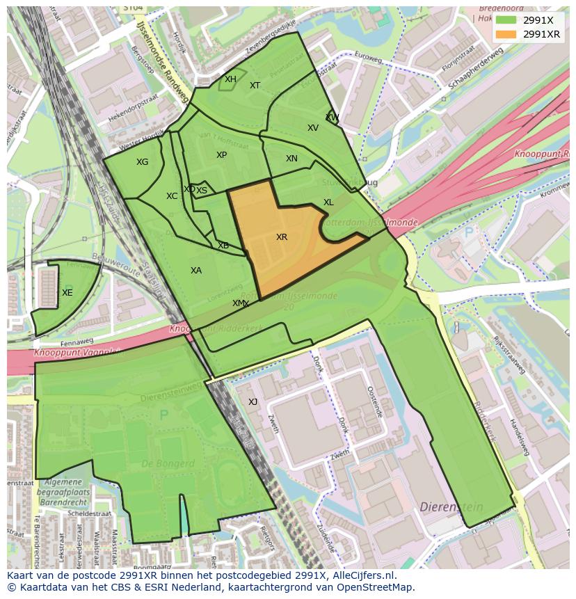 Afbeelding van het postcodegebied 2991 XR op de kaart.