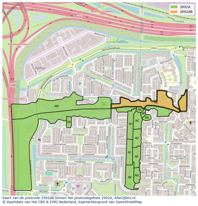 Afbeelding van het postcodegebied 2992 AB op de kaart.