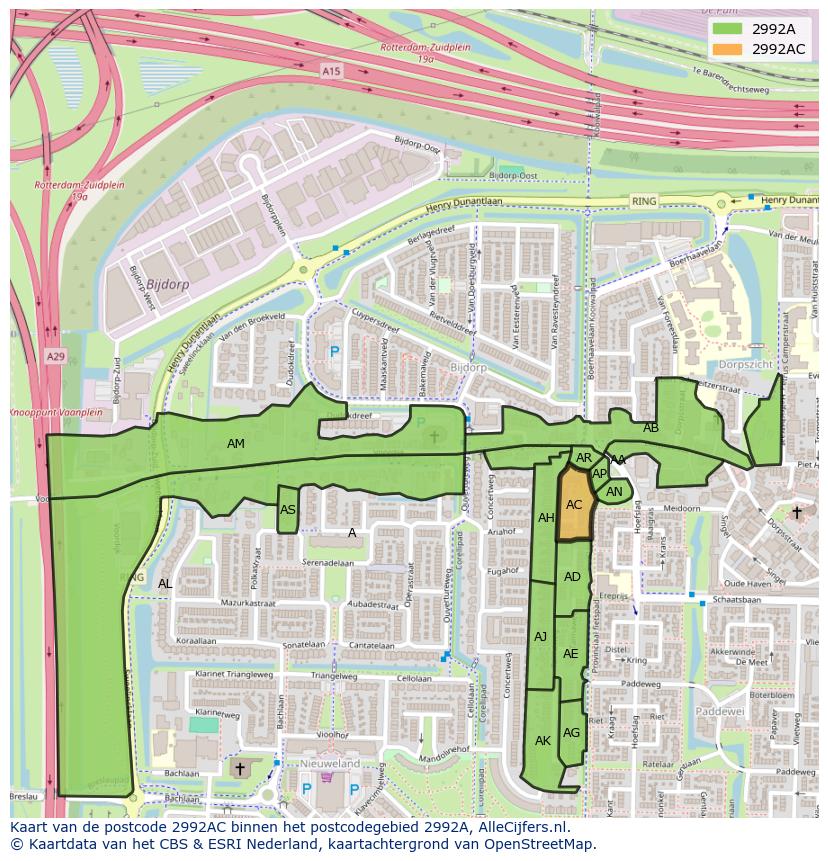 Afbeelding van het postcodegebied 2992 AC op de kaart.