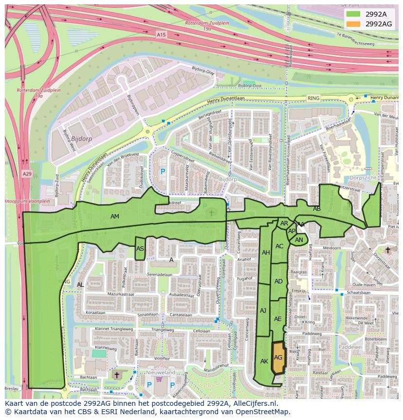 Afbeelding van het postcodegebied 2992 AG op de kaart.