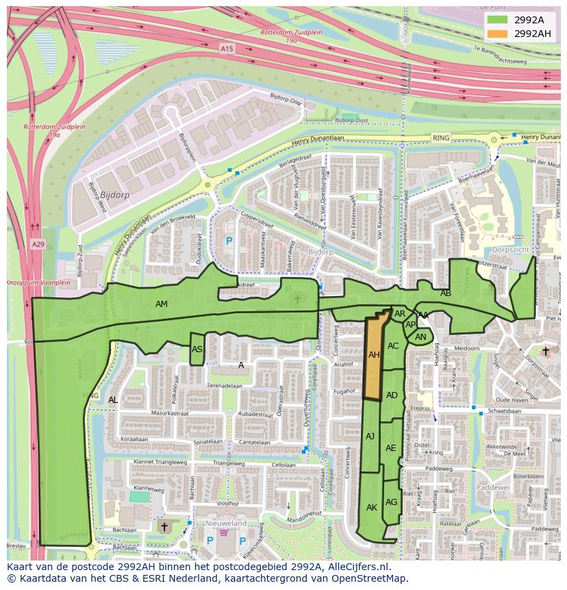 Afbeelding van het postcodegebied 2992 AH op de kaart.