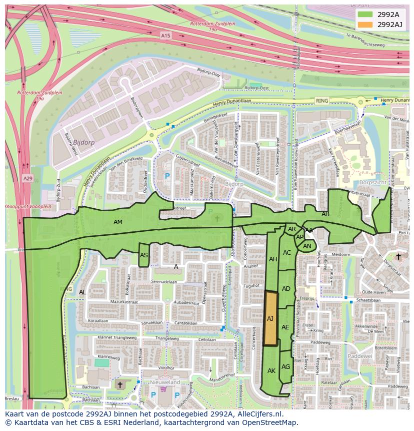 Afbeelding van het postcodegebied 2992 AJ op de kaart.