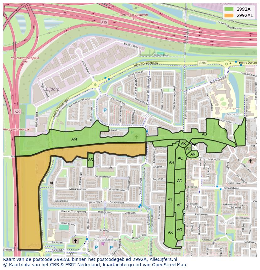 Afbeelding van het postcodegebied 2992 AL op de kaart.