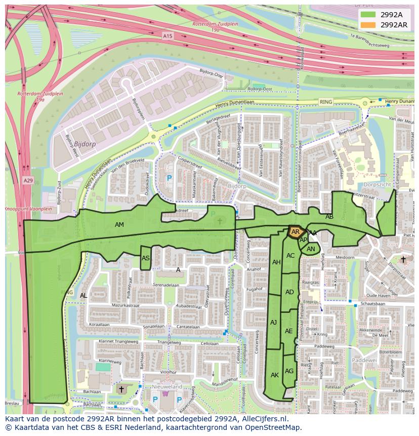 Afbeelding van het postcodegebied 2992 AR op de kaart.