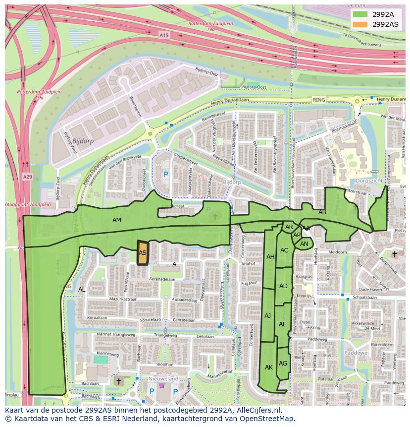 Afbeelding van het postcodegebied 2992 AS op de kaart.