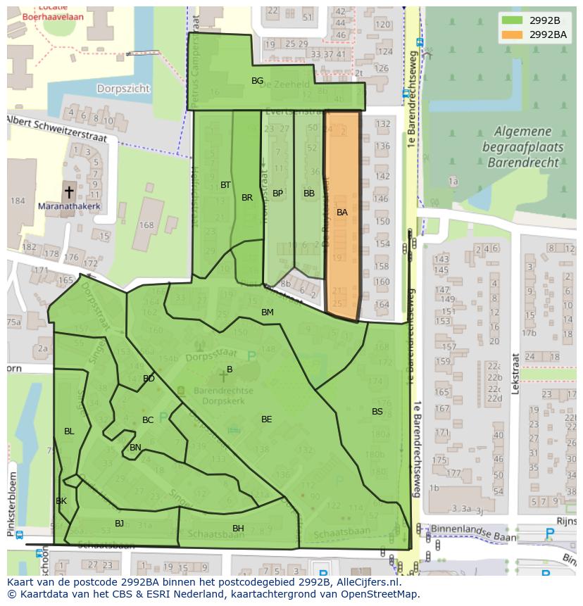 Afbeelding van het postcodegebied 2992 BA op de kaart.