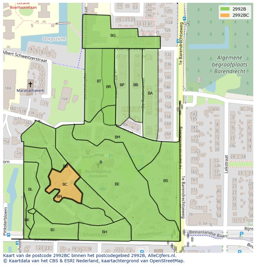 Afbeelding van het postcodegebied 2992 BC op de kaart.