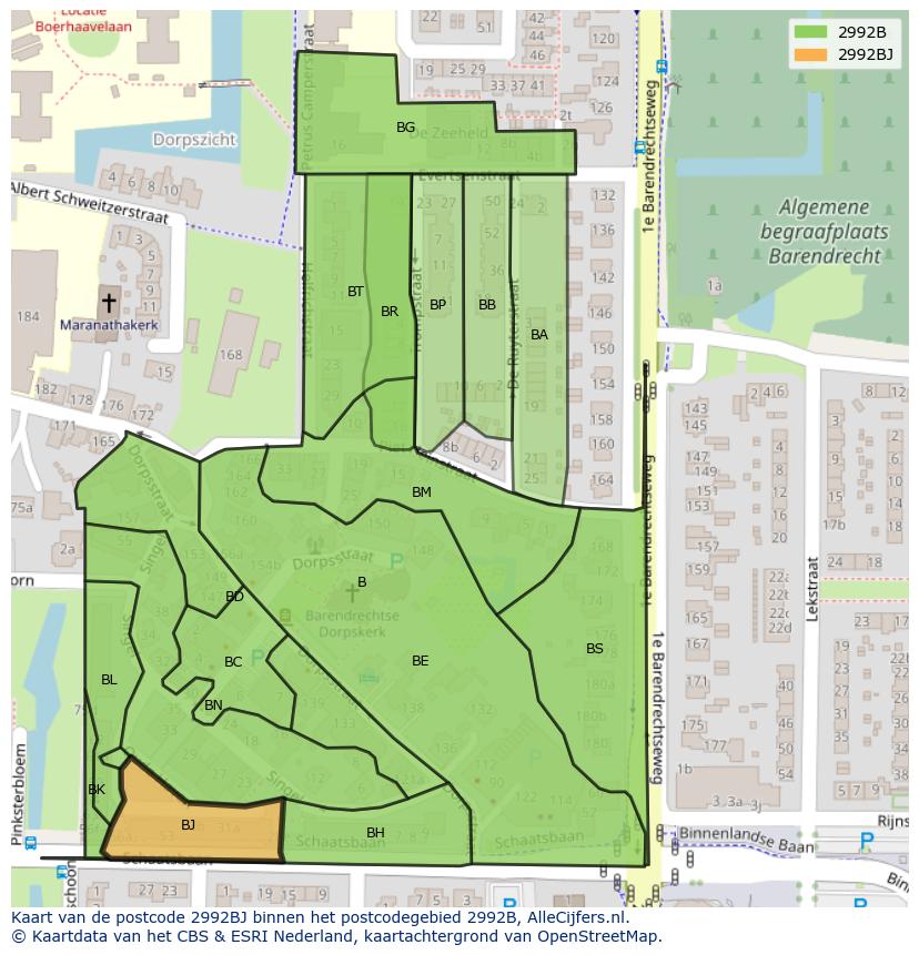 Afbeelding van het postcodegebied 2992 BJ op de kaart.