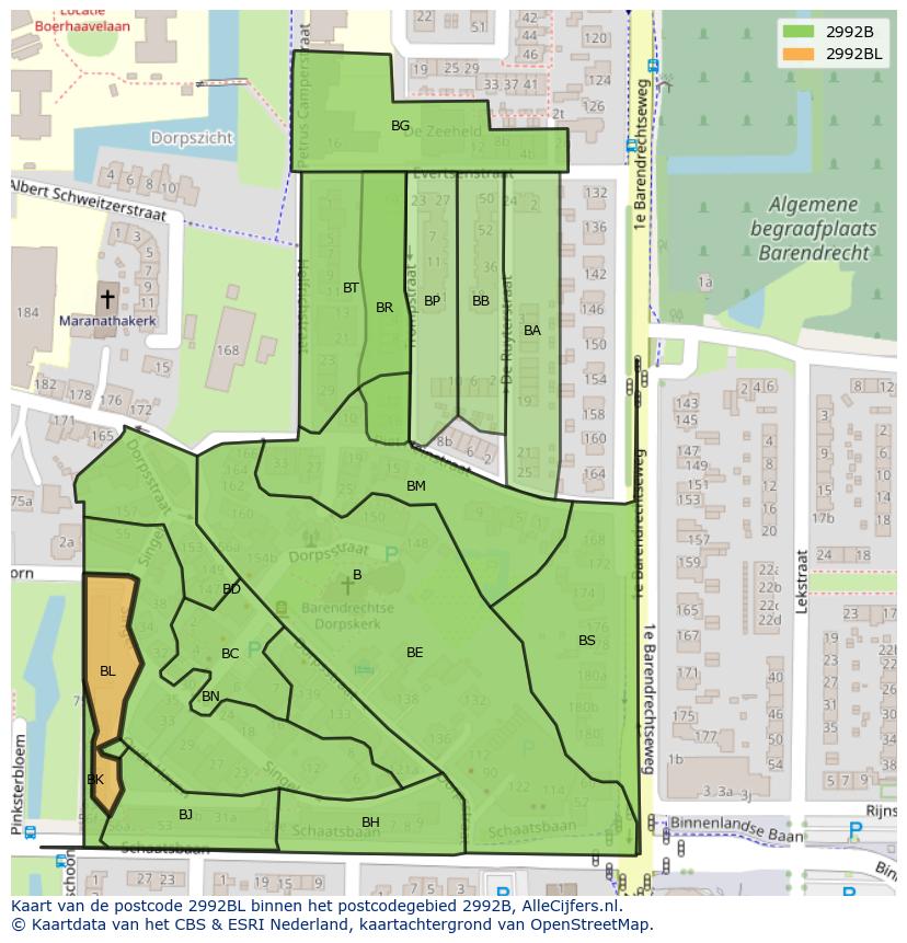 Afbeelding van het postcodegebied 2992 BL op de kaart.