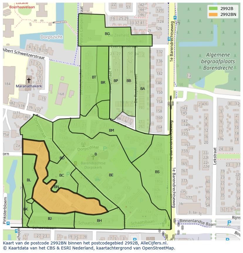 Afbeelding van het postcodegebied 2992 BN op de kaart.