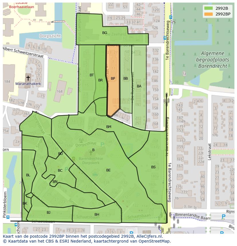 Afbeelding van het postcodegebied 2992 BP op de kaart.