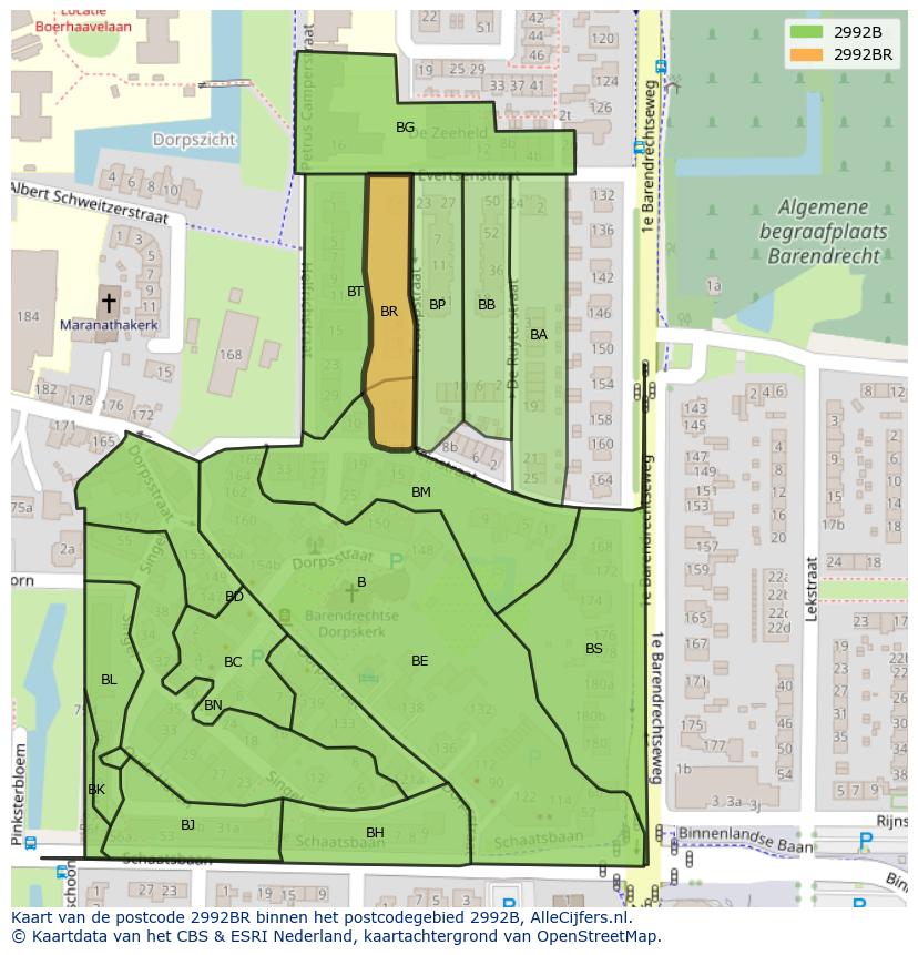 Afbeelding van het postcodegebied 2992 BR op de kaart.